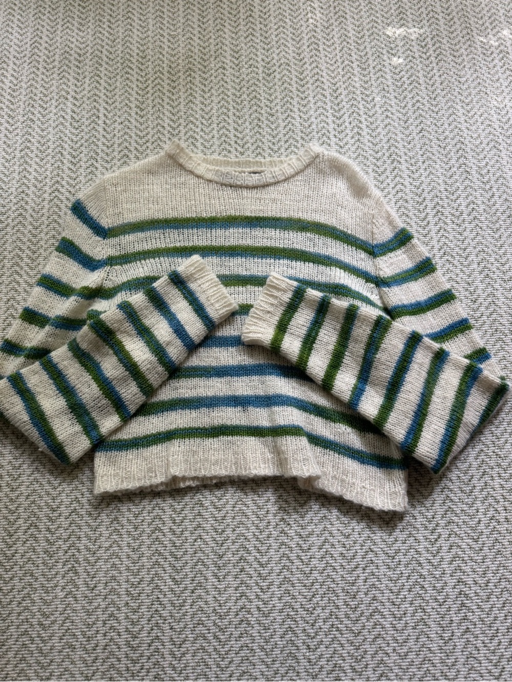 The Elder Statesman Cream Crewneck Sweater with Blue and Green Stripes